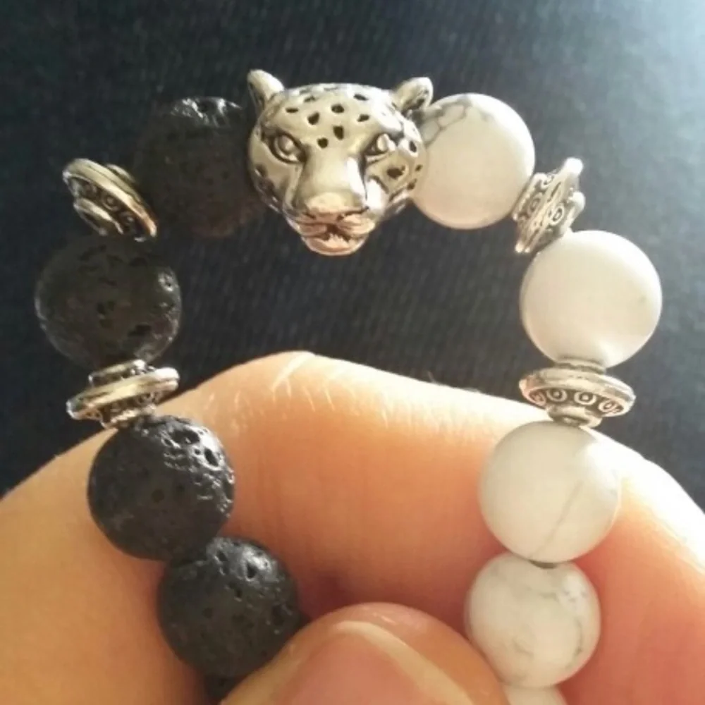 Lava Stone Pearl Marble Beaded Leopard Cat Bracelet